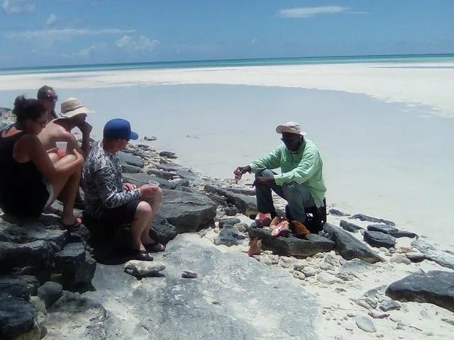Group of people relaxing on a sandy beach with a local guide.